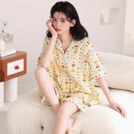 夏季新款纯棉女短袖短裤开衫翻领睡衣卡通休闲女家居服