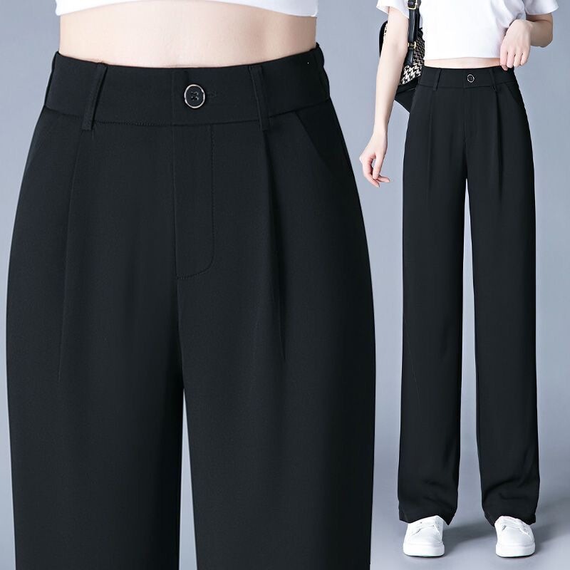 Black Slim Wide-Leg Suit Pants for Women, Summer Thin High-Waisted Petite Loose Straight Casual Floor-Length Trousers