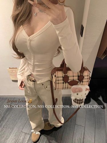 260g Cotton Modal V-neck Revealing Lock Bone Long-sleeve Collar Button Fitted Basic Top for Layering