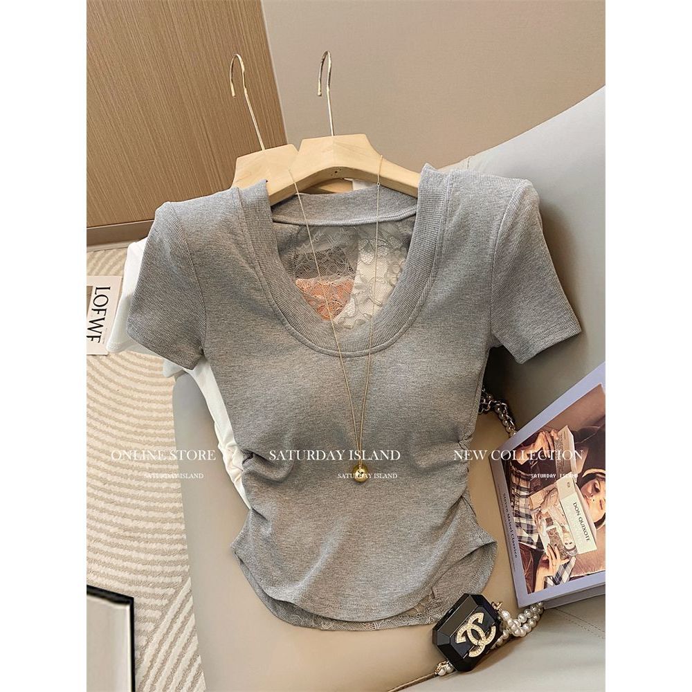 Super Feel Modal Cotton ~ French Design Lace Splicing U-Neck Short-Sleeved T-Shirt Women's Summer New Pleated Top