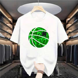 TEMU热卖网眼篮球四叶草休闲圆领网眼短袖t恤青少年上衣服批发