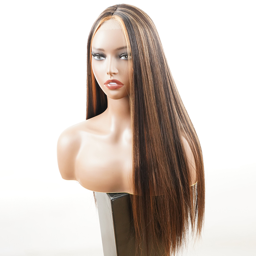 Synthetic wig Front lace split color long hair straight elastic mesh wigs_voghion.com
