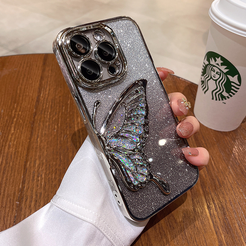 漸變閃粉蘋果15ProMax手機殼流沙蝴蝶適用iPhone14鏡頭全包保護套