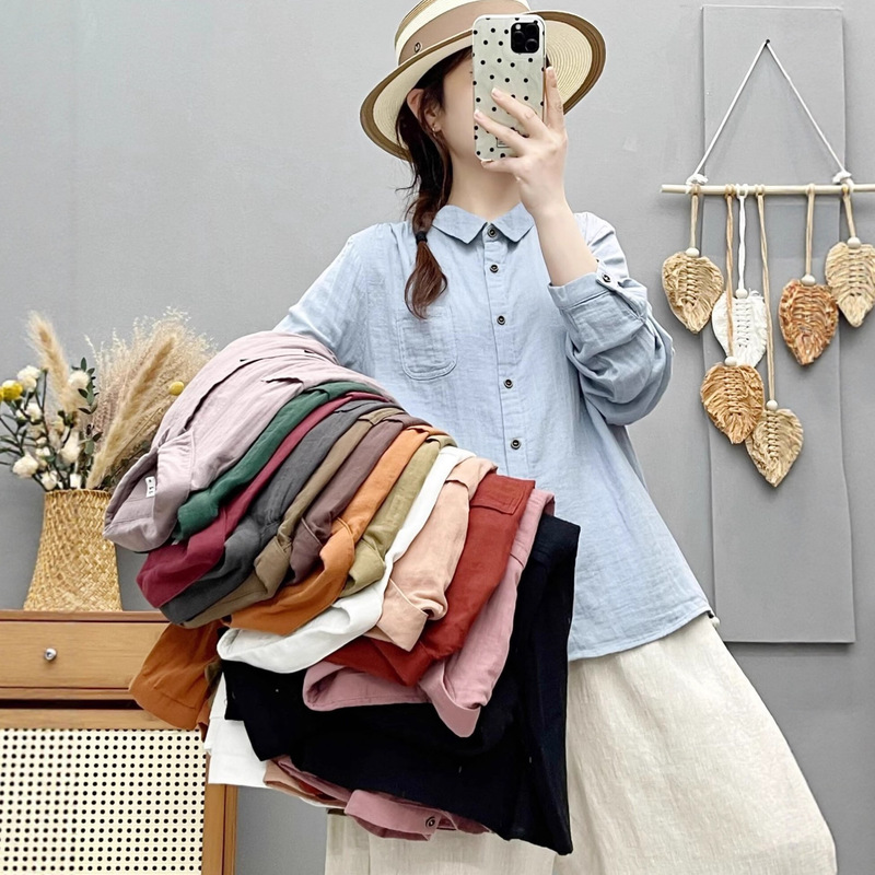 2083 Forest Style Sweet Pure Color Double-Layer Cotton Gauze Long-Sleeved Shirt for Women 2025 Autumn New Loose Slimming Look Top