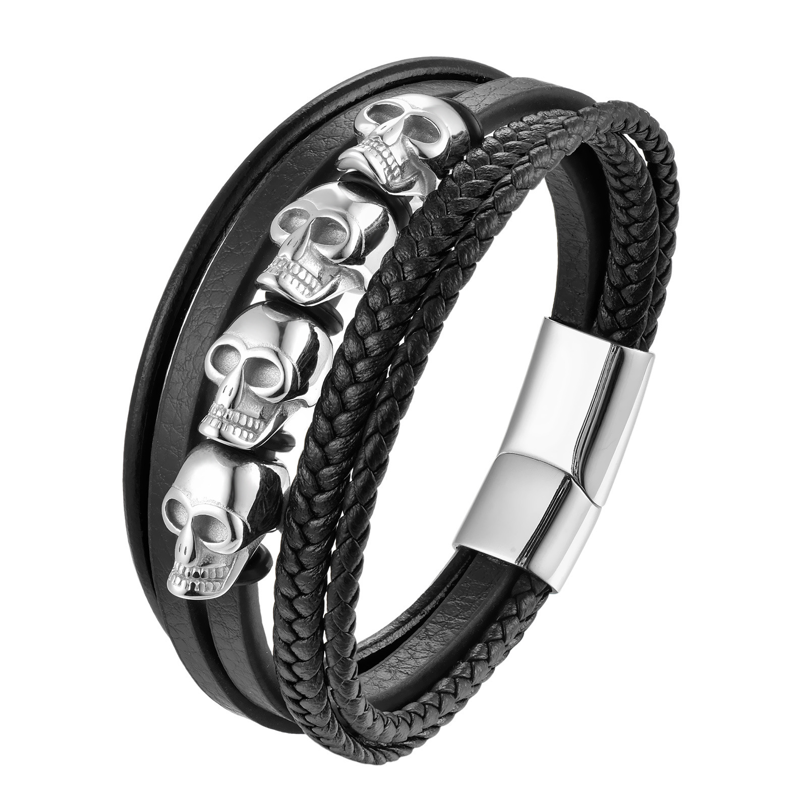 35g Weight Bracelets Classification 316 Stainless Steel , Leather Chain Material 1 Piece Quantity Hip-Hop 316 Stainless Steel Leather Geometric Skull Men Cord & Leather Bracelets Halloween