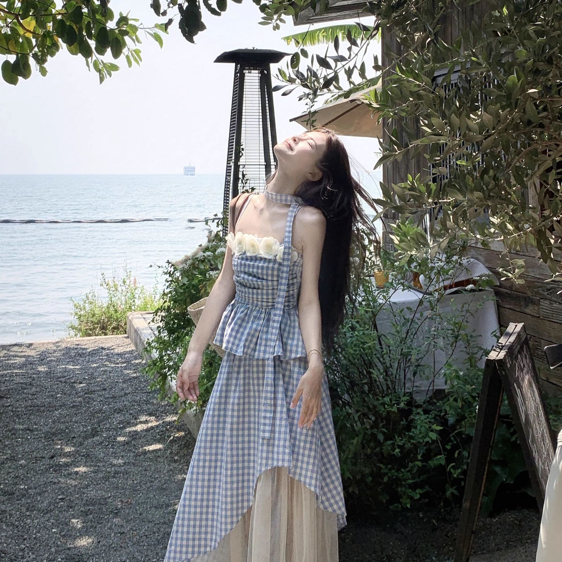 法式修身显瘦格子吊带网纱拼接不规则半身裙女2025夏季新款两件套