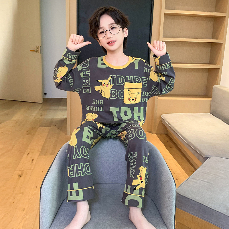 어린이 잠옷 십대 소년 순면 봄과 가을 큰 소년 집 옷 봄 2024 새로운 긴 소매 세트
