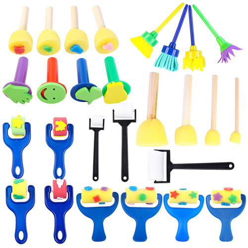 EVA sponge seal children's DIY painting sponge brush set kindergarten painting tools wooden handle sponge brush