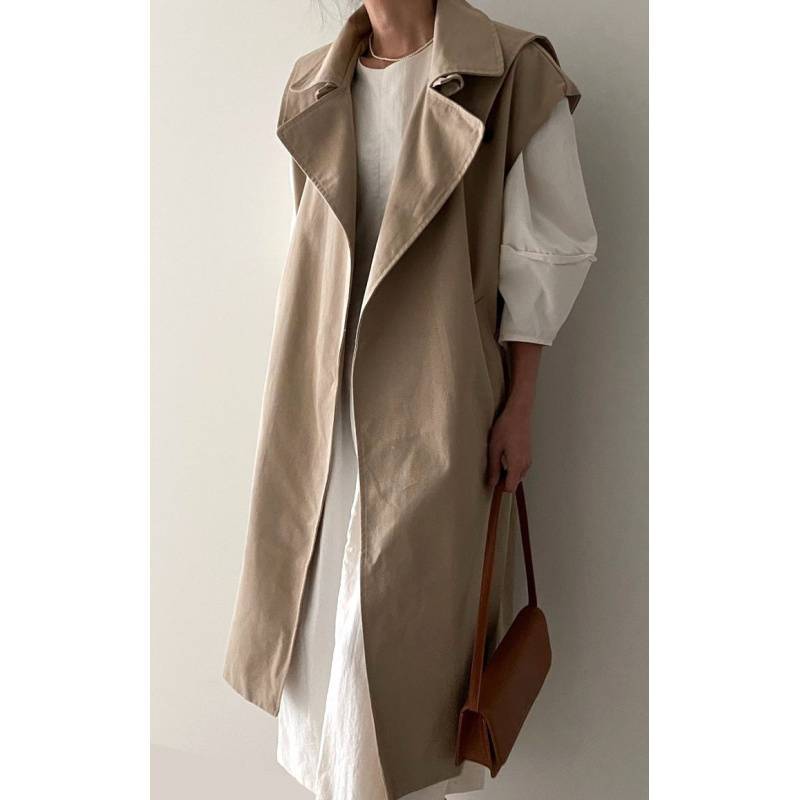 韩国chic秋季复古英伦风大翻领双口袋设计过膝长款风衣马甲外套女