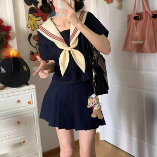 College Style Sweet Jk Uniform Suit Women's Summer Japanese Style Three-Piece Sailor Suit Short-Sleeved Top Pleated Skirt Two-Piece Set