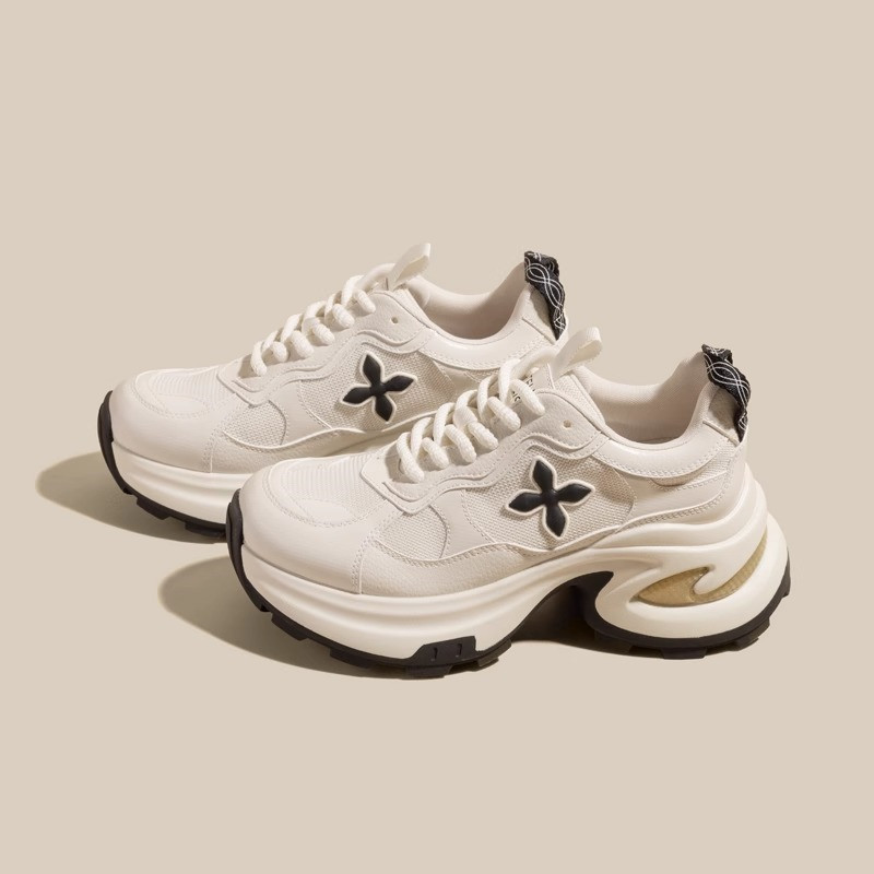 Cowhide Version ~ Genuine Leather Cross Flower Thick-Soled Dad Shoes for Women with Height Increase of 7.5cm Spring and Summer New Running Casual Sports Shoes