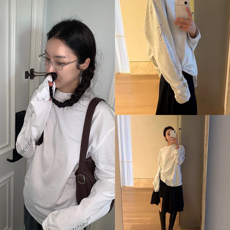 Fan Sun·Xh Korean-Style Loose Round-Neck Lettered Long-Sleeve T-Shirt Dongdaemun Summer New Slimming Sun-Protective Top for Women Fan Sun·Xh Korean-Style Loose Round-Neck Lettered Long-Sleeve T-Shirt Dongdaemun Summer New Slimming Sun-Protective Top for Women