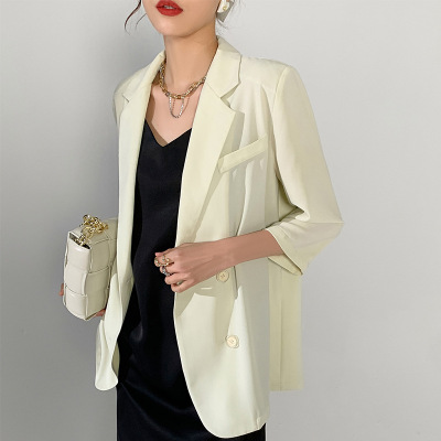 C1032春季2021新款女裝純色英倫風雙排扣直筒七分袖翻領小西裝女