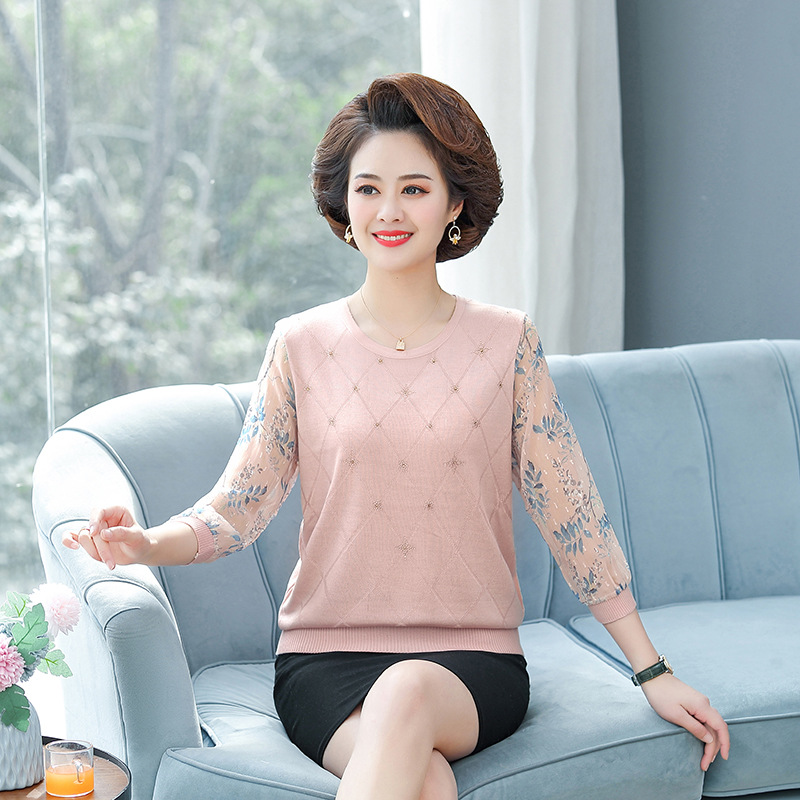 Mom's Spring and Summer Knitted Top Loose Base Short-sleeved Shirt New Arrival Women's Half-sleeved T-shirt Thin for Middle-aged and Elderly