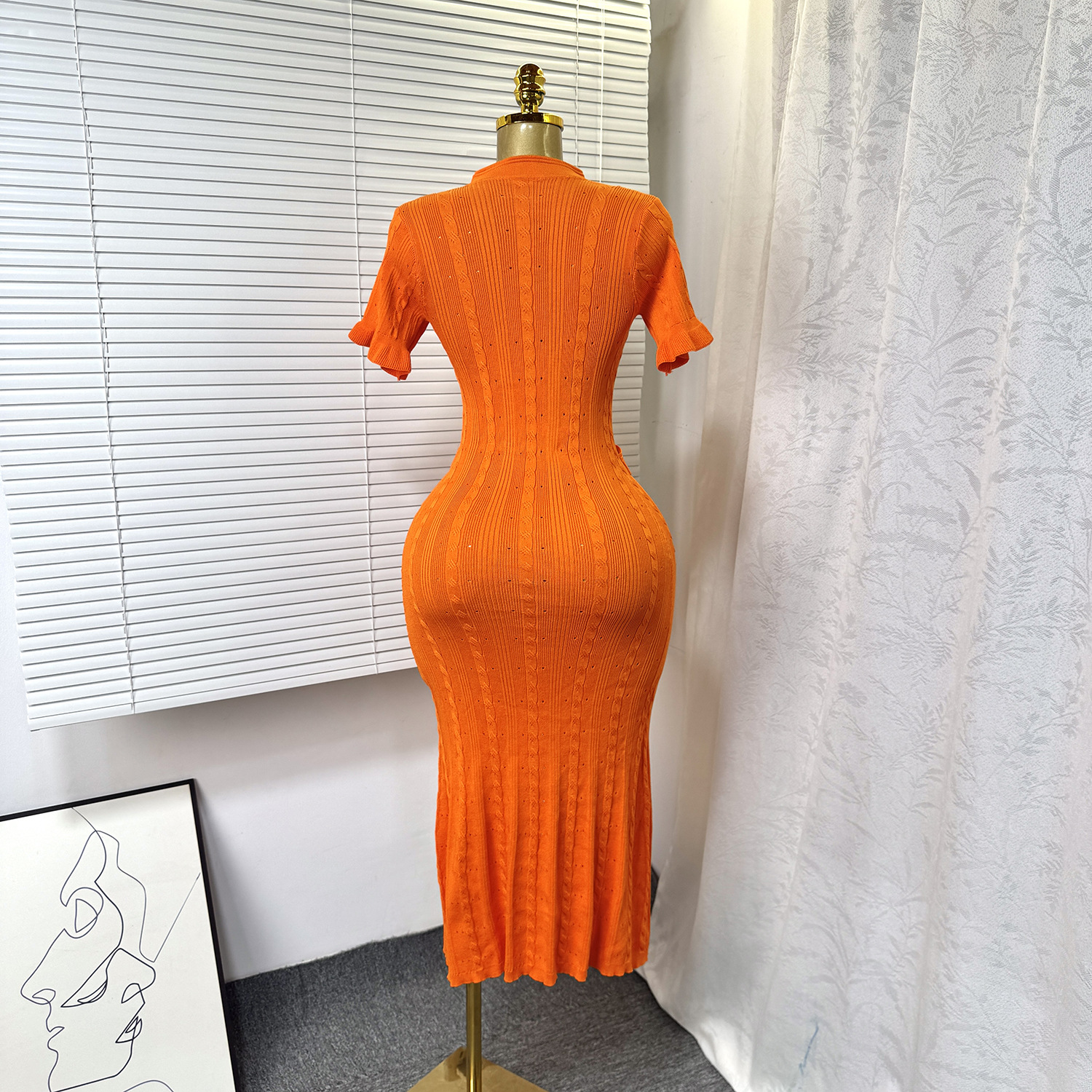 Women's European American Style Knitted Dress Simple Elegant Summer Single-Breasted Hollow out Slim Fit Temperament Long Dress_ecoleips.com