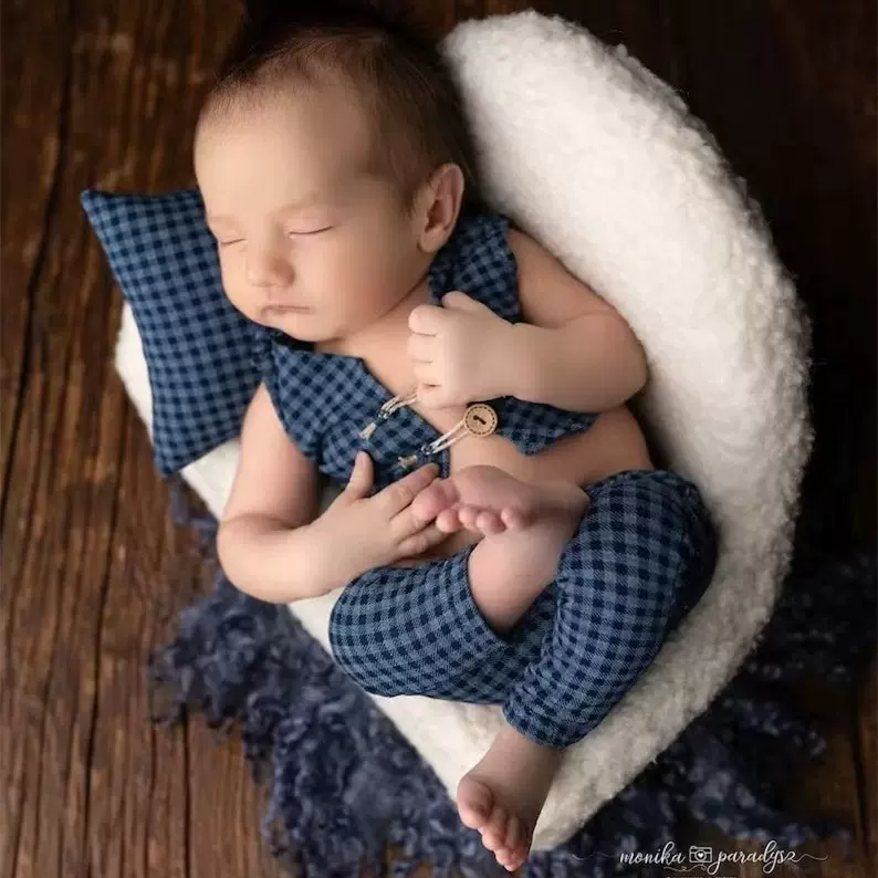 跨境新生儿摄影道具 格子枕头套装 影楼宝宝月子满月照婴儿拍照服