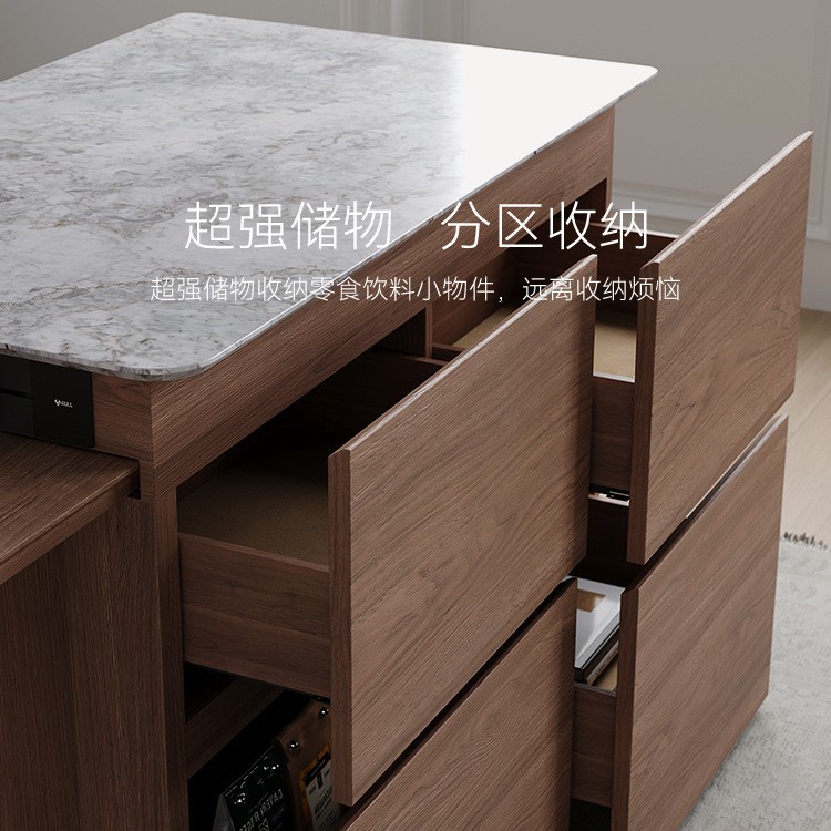 Mesa de mesa de mesa de mesa de mesa de isla todo en uno, mármol retráctil para el hogar, grano de madera de nogal negro, lujo ligero, sensación de alta gama, mesa de comedor caída