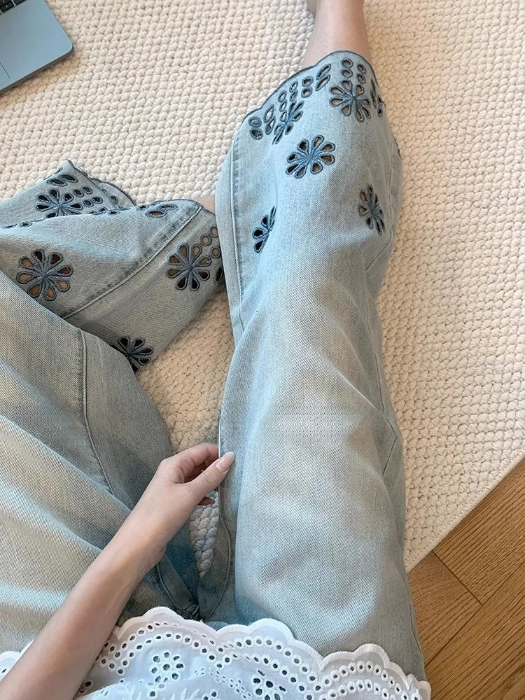 Tencel Hollow Flower Embroidery Straight Jeans Women's Autumn Thin Large Size High Waist Skinny Wide Leg Nine-point Pants_ecoleips.com