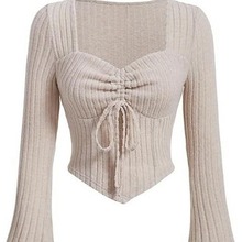 欧美亚马逊速卖通跨境春秋女装针织衫修身前抽褶系带上衣 V领长袖