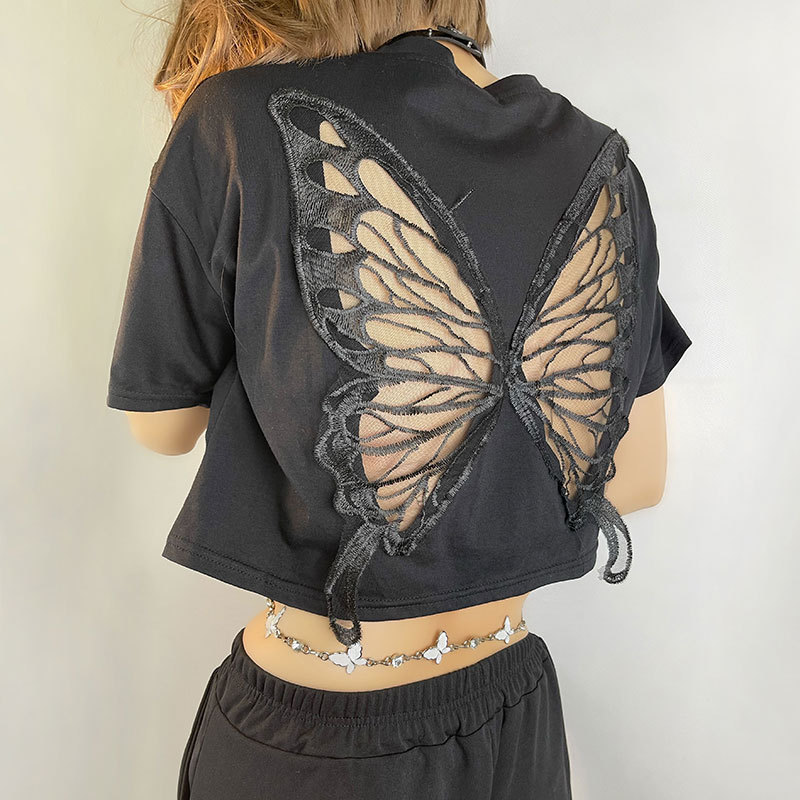 Black Lace Butterfly Crop Top with Exposed Navel, 2025 European and American Ins Fashion, Loose and Versatile Hollow-Out Short-Sleeve Top Black Lace Butterfly Crop Top with Exposed Navel, 2025 European and American Ins Fashion, Loose and Versatile Hollow-Out Short-Sleeve Top