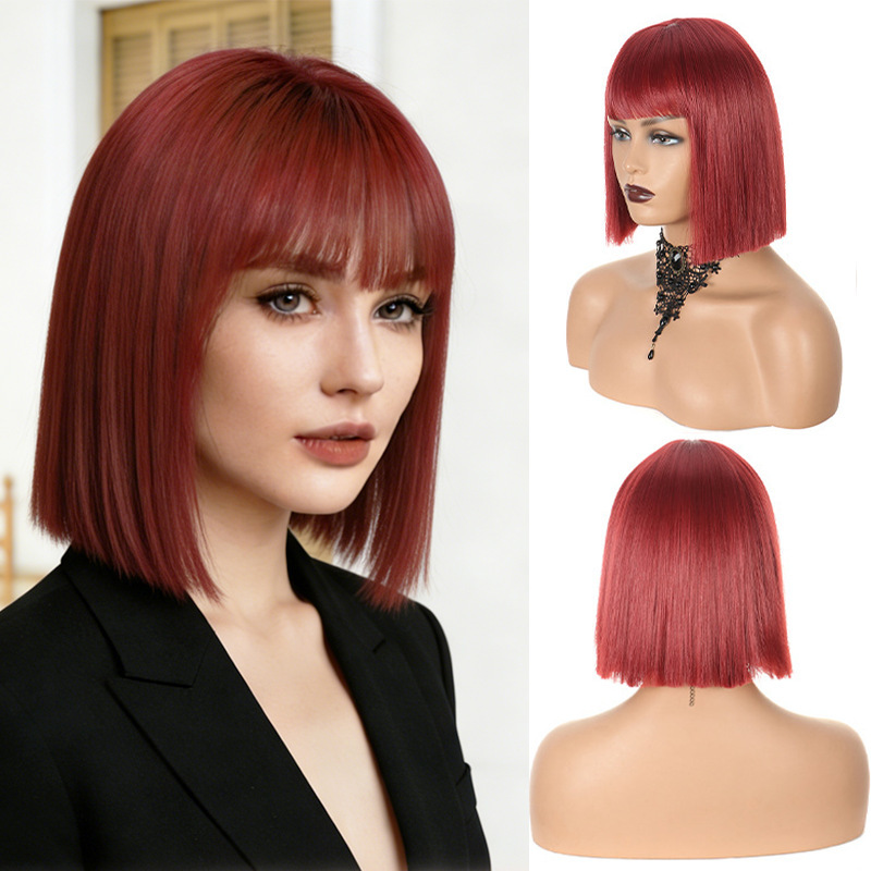 Cross-Border European and American Fashion Short Straight Hair Bobo Wig with Bangs, Synthetic Fiber Full Wig, Wholesale from Professional Wig Factory