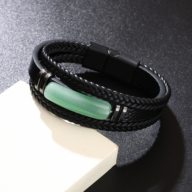 European and American Cross-border Leather Bracelet Green Dongling Stone Hand-woven PU Leather Bracelet Stainless Steel Ring Men's Hand Jewelry