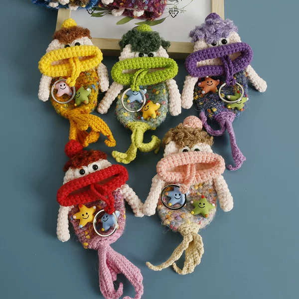 New Hand-woven Sausage Mouth Key Bag Ugly Cute Mermaid Wool Crochet Car Key Protective Cover