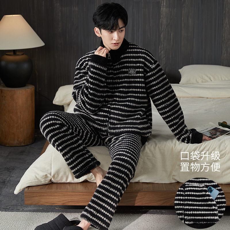 Coral Velvet Pajamas for Men, Autumn and Winter Style, Fleece-Lined, Thickened, Warm, Winter Large Size Outerwear, Home Wear Set