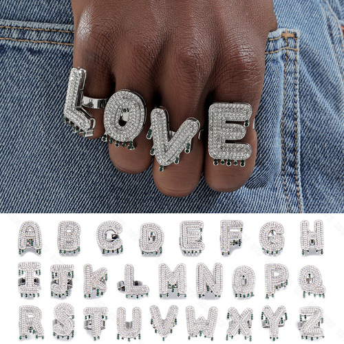 Hip-Hop Ring DIY Exaggerated Full Diamond Waterdrop Design English Letter LOVE Full Diamond Ring Amazon Exclusive