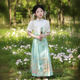Girl's Horse Face Skirt Summer suit 2024 New Style Summer Thin New Chinese Ming Style Western Style Vintage Hanfu suit