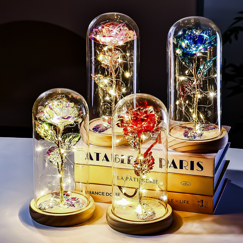 原木底金箔玫瑰花玻璃罩情人节礼物跨境创意礼品实用摆件教师节|undefined