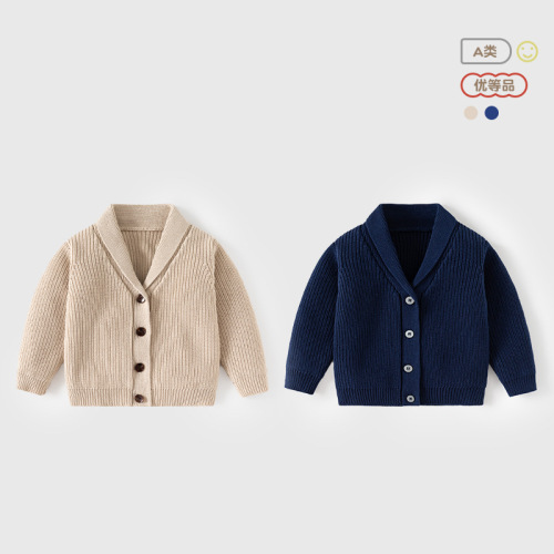 Korean-style crew neck knitted pure cotton children's outerwear top autumn and winter A-class infant sweater cardigan cool boy sweater