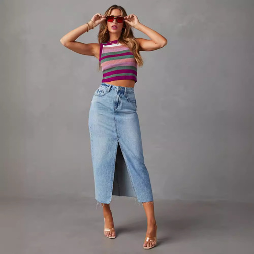 New style split denim skirt for women, high-waist washed American a-line skirt, medium and long