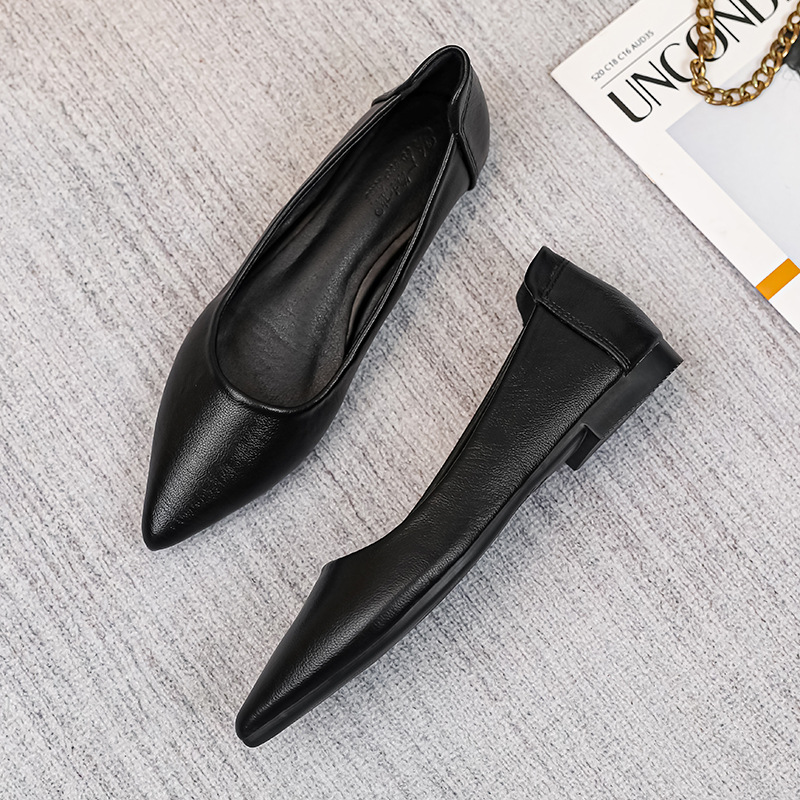 전문 툴링 부드러운 밑창 작업 신발 여성 검은 봄과 가을 부드러운 가죽 뾰족한 신발 플랫 밑창 작업 인터뷰 가죽 신발