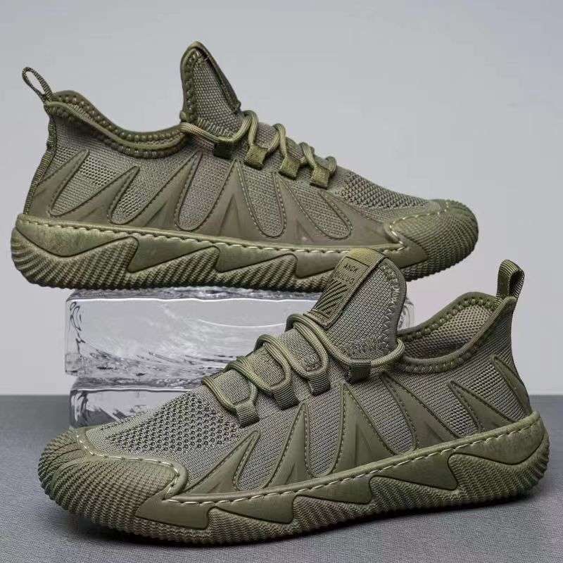 남성용 신발, 트렌디하고 다재다능한 새로운 여름 통기성 메쉬 플라이 니트 스포츠 남성 신발 건설 현장 내마모성 미끄럼 방지 작업 신발