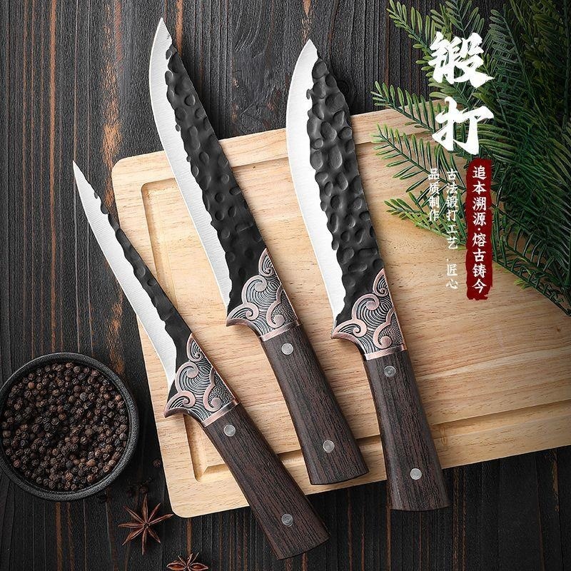 Inventario al por mayor de acero inoxidable corte de verduras forjando herramientas conjuntos de tres piezas cuchillo de corte de carne cuchillo de corte de hueso conjunto