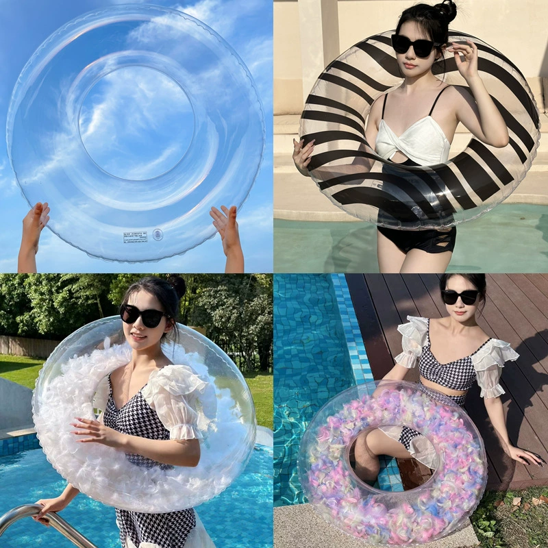Кольцо для плавания для взрослых, утолщенное кольцо для плавания интернет-знаменитостей, кольцо для подмышек для мужчин, женщин и детей, полностью прозрачный надувной спасательный круг для взрослых с перьями