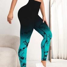 欧美扎染渐变健身裤女性弹力提臀瑜伽裤高腰紧身蜜桃裤速干运动裤