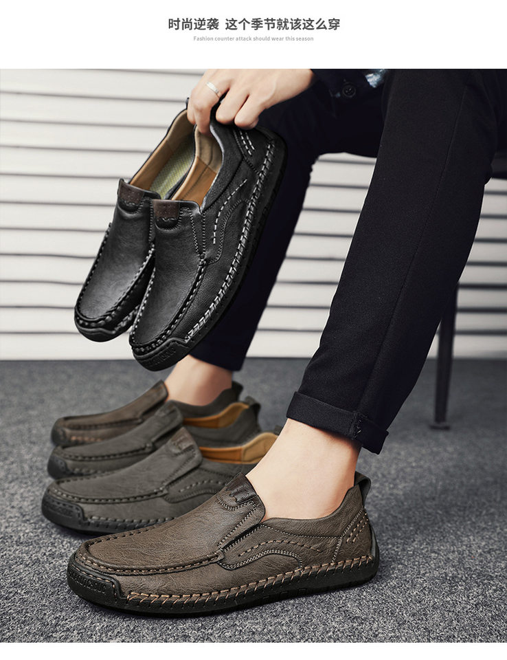 Giày lười nam da bò khâu thủ công cổ thấp mũi tròn, đế bằng — 9914 kaki, 9914 màu đen, 9914 nâu sẫm, Màu xám 9914 chi tiết 17