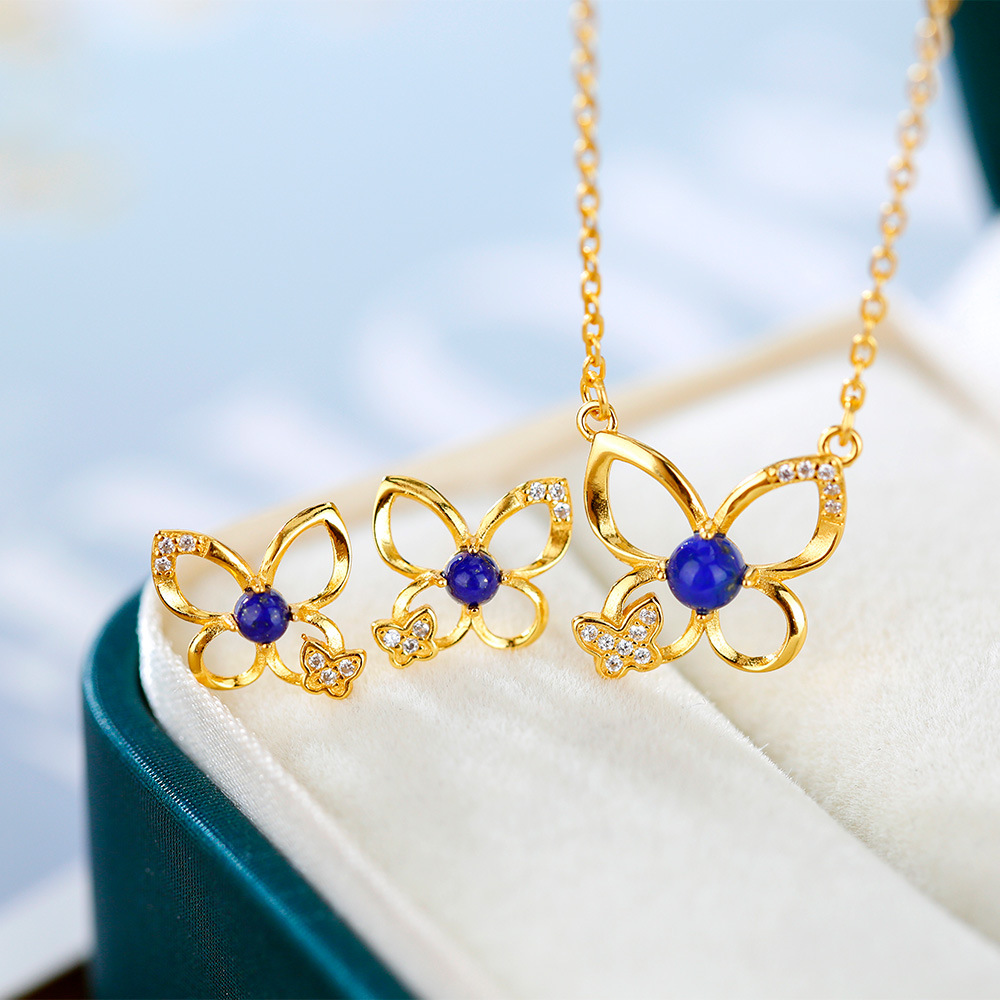 (2개) HUIBAOLI S  골드 도금 SOUTH RED AGATE LAPIS LAPIS LAPIS LAPIS 나비 할로우 우아한 여성 귀걸이 목걸이 세트