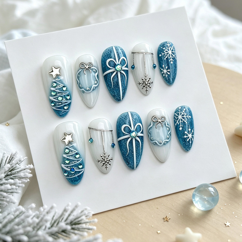 30 pieces of cross-border Christmas-themed, silver-plated bow-shaped almond-shaped press-on nails, featuring Christmas tree and snowflake designs with rhinestone embellishments