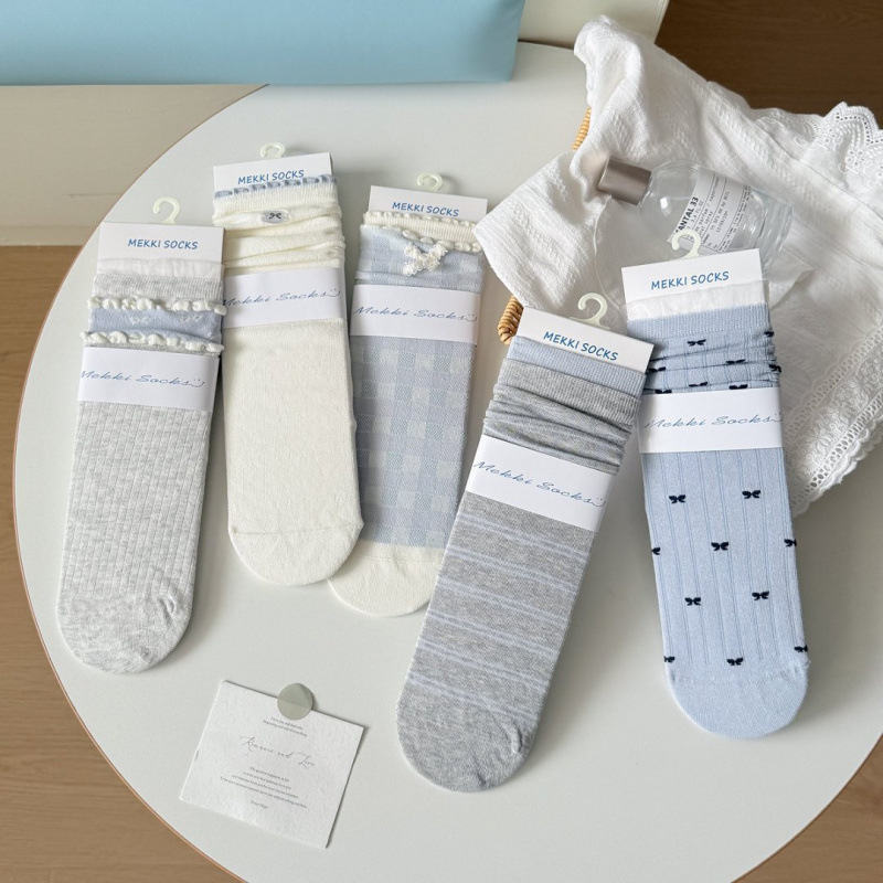 Women's Socks for Spring and Summer, Blue Sea Salt Style, Lace Ruffle Design, Loose Cuff, Mid-Calf Length, Korean Minimalist Style Cotton Socks