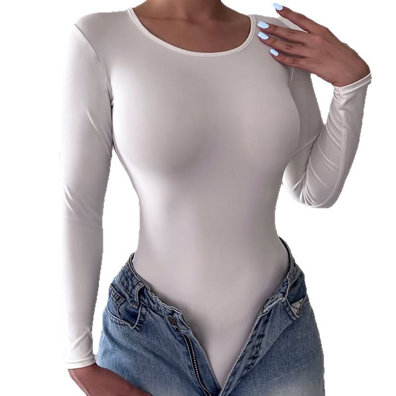 Women's Slim-Fit Long Sleeve Jumpsuit – Elegant Round Neck Solid Color Romper For Office & Casual Wear (Black/White, S-L)_ecoleips.com