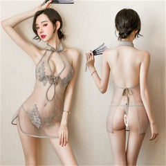 Personality-themed lingerie, provocative lace, slit design, uniform-style, 3 a.m. mesh, women's see-through, classic embroidered cheongsam set.