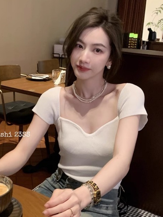 纯欲辣妹风大方领露锁骨针织T恤女百搭修身显瘦短袖上衣|undefined
