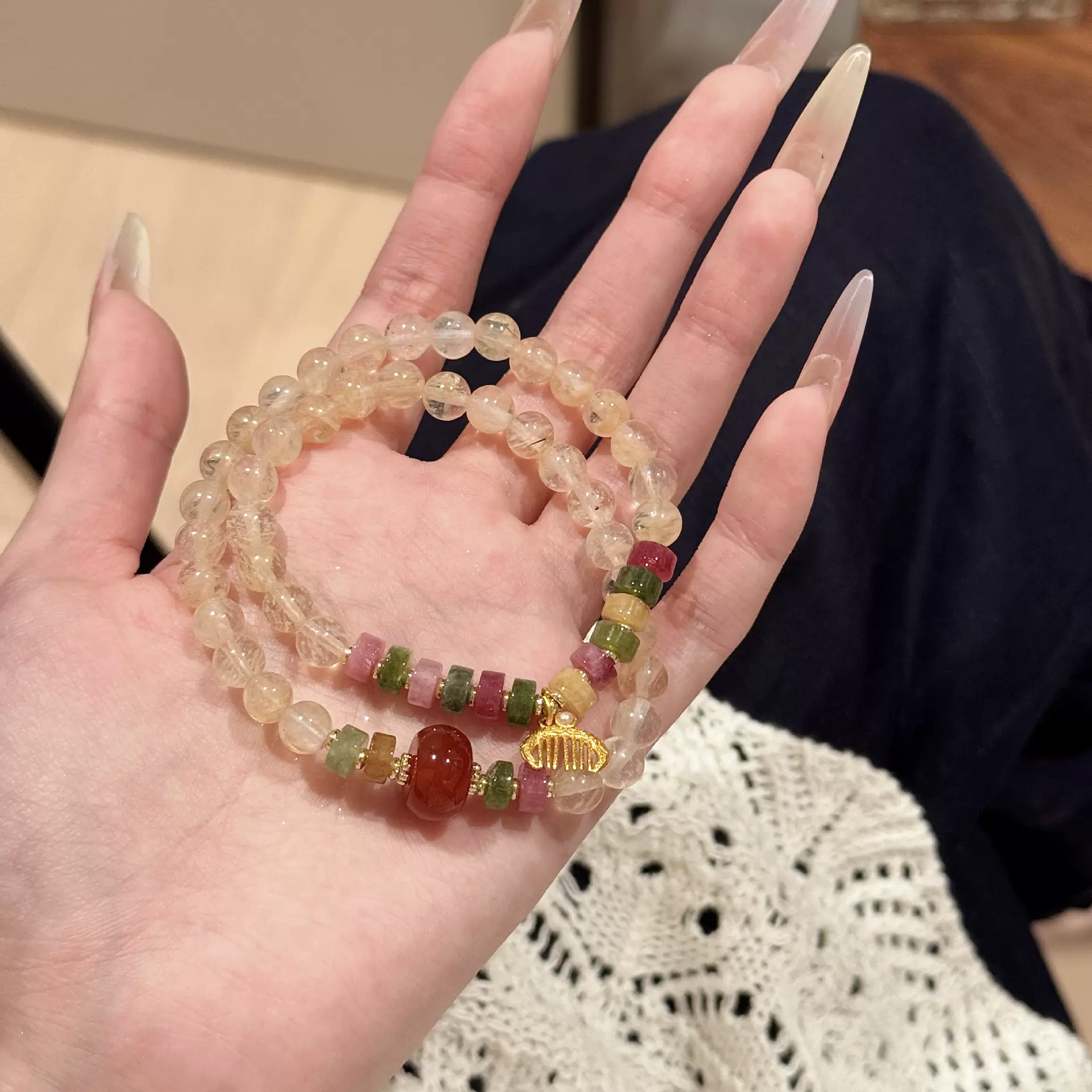 新中式碧玺手链双层叠戴串珠复古小众国潮设计高级感精致莲花手串