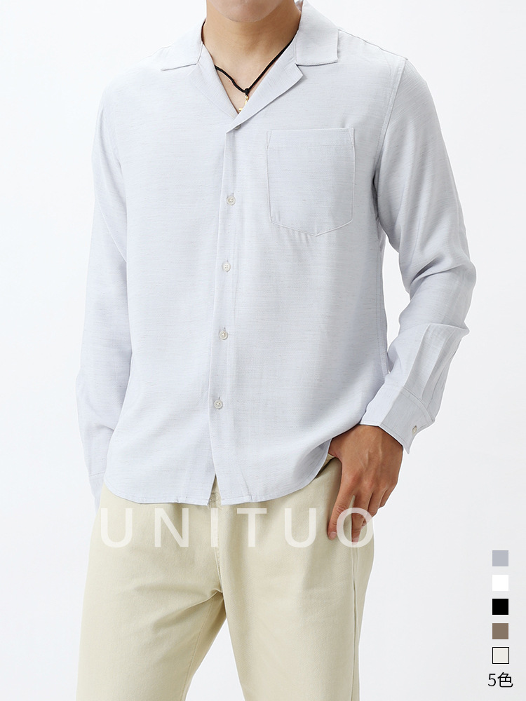 2025 camisa de lino ligera de lujo nuevo estilo de cuello gaviota japonés de bolsillo casual versátil camisa de manga larga hombre hombre