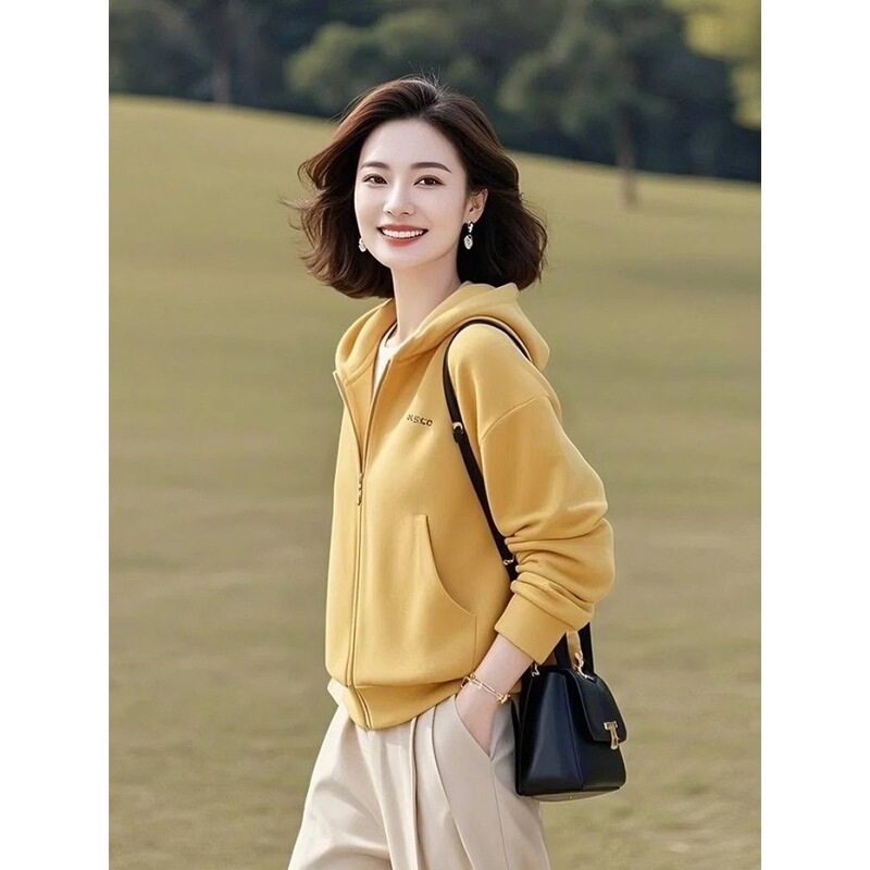 减龄漂亮洋气小个子短款显瘦百搭黄色连帽卫衣外套女2025春秋新款|undefined