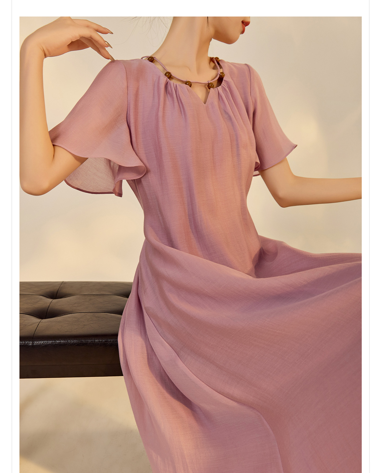 Đầm maxi nữ thắt eo tay lá sen chất Tencel phong cách dân tộc — Taro màu tím chi tiết 3