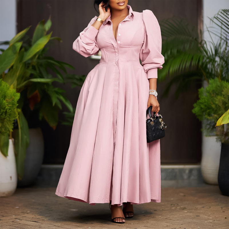 D570 Cross-Border Women's Elegant Long-Sleeve Flared Shirt Dress, Fashionable Solid Color Mid-Length African Dress